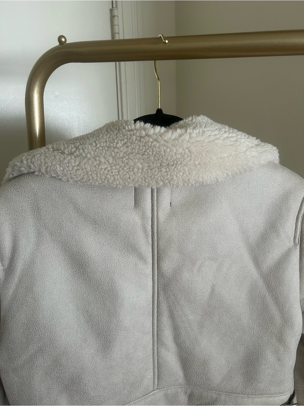 Bershka Cream Sherpa Faux Suede Moto Jacket Shearling Biker Coat Size M - Picture 10 of 10